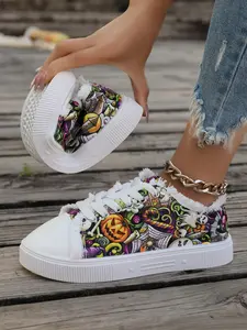 Women's Halloween Pumpkin Print Canvas Shoes, Casual Round Toe Low Top Sneakers, All Season Comfortable Footwear for Daily Wear
