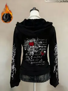 New heavyweight fleece integrated fleece, subculture y2k Gothic style print, black hooded zipper sweatshirt jacket, American retro top