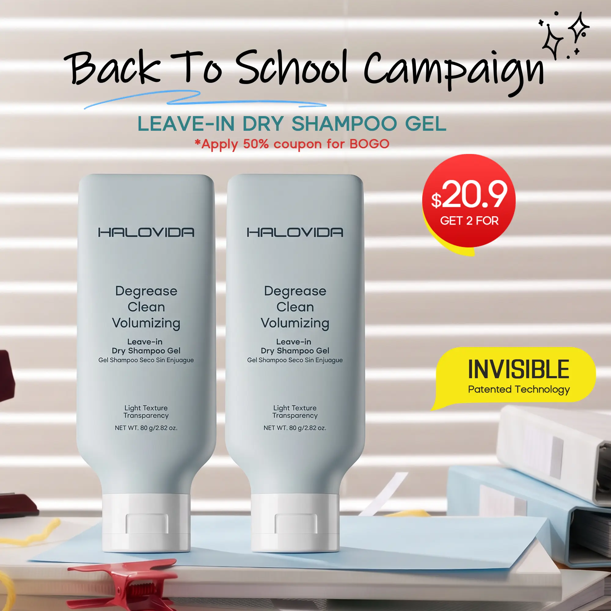 HALOVIDA Leave-in Light Hair Dry Shampoo Gel 2.28oz,No-Rinse Shampoo Gel,Instant Oil Absorption & Invisible Volume Boost,Long-Lasting Oil Control,Soothing & Comfort,Affordable,4D hyaluronic acid,#backtoschool