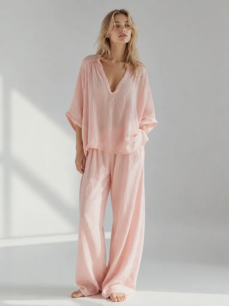 Women's 2 Piece Solid Color Pants Set, V Neck Half Sleeve Loose Top and Wide Leg Pants, Casual Summer Vacation Travel Outfit