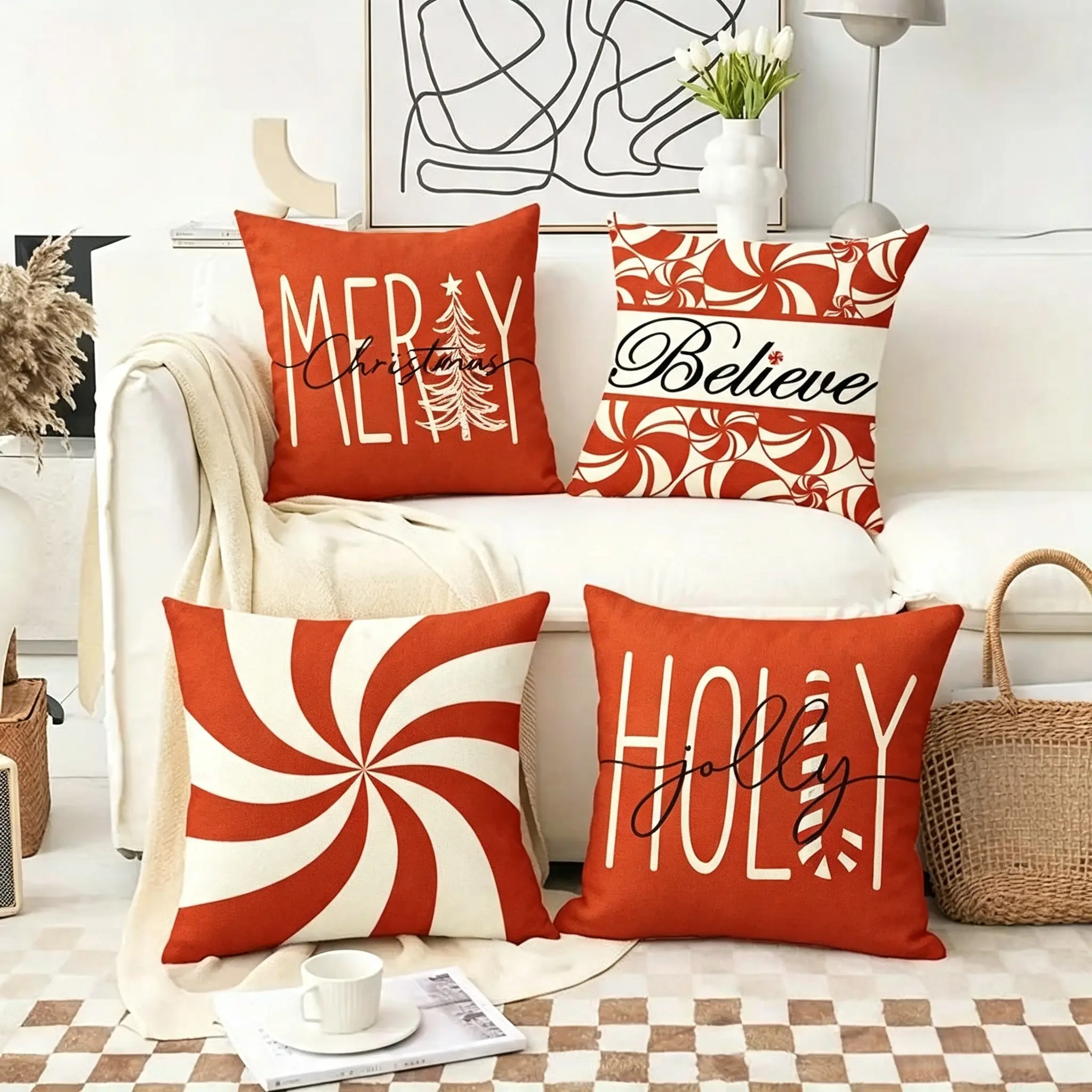 4Pcs Christmas Decorative Pillow Set, Red Candy Cane Porch Pillow Cover, Single-Sided Linen Print, Winter Holiday Gift, Cushion Cover Home Decor