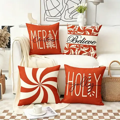 4Pcs Christmas Decorative Pillow Set, Red Candy Cane Porch Pillow Cover, Single-Sided Linen Print, Winter Holiday Gift, Cushion Cover Home Decor