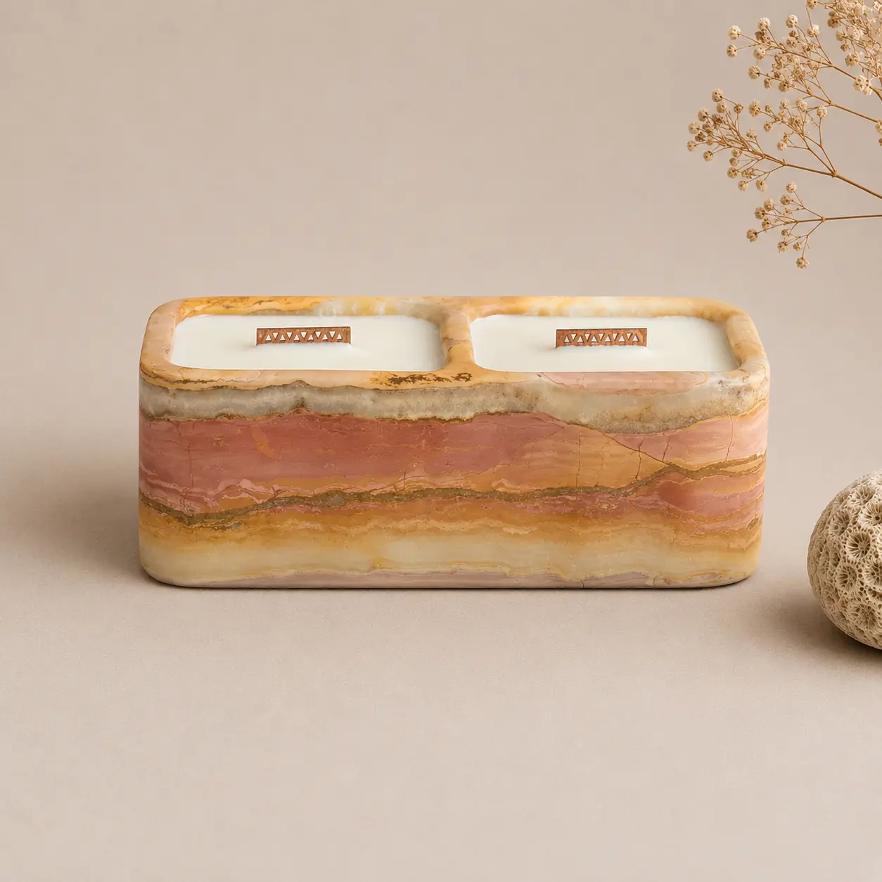VEINORA Natural Stone Soy Wax Candle | Bohemian Collection | Orange Marble |  Double Wood Wick | BM4903
