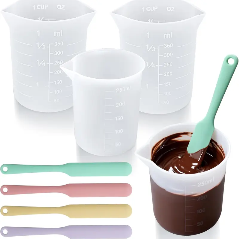 Silicone Chocolate Melting Cup Set with 4 Silicone Measuring Cups (250ml & 350ml) and 4PCS Heat-Resistant Jar Spatulas, Non-Stick Baking Tools for DIY Chocolate, Butter & Cream Mixing
