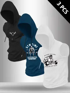 Men's 3-Piece Set Letter Print Hooded Sleeveless T-Shirt, Casual Comfortable Summer Outdoor Fitness Vest, Fitted Style