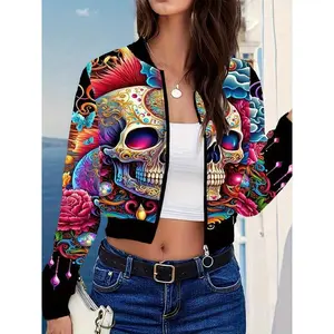 Floral Skull Print Zipper Jacket, Casual Long Sleeve Jacket, Suitable for Spring and Autumn, Women's Fashion