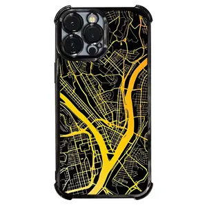 Phone Case: 1 PC Pittsburgh Map Black And Yellow Phone Case Electroplating Process Protective Cover with Reinforced Cushioning And Collision Prevention Suitable for iPhone Various Models17 16 15 14 13 Pro Max Cover