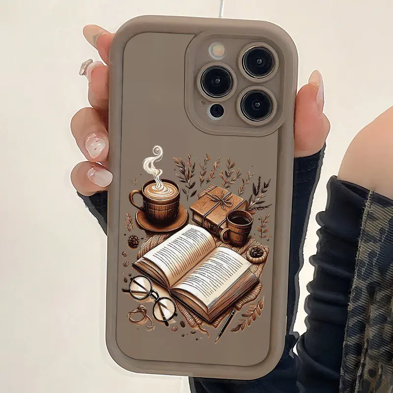 Brown Book Coffee Glasses Pattern 2D Printing Soft Silicone TPU iPhone Cover - Casing, Protector, Waterproof Shell, Non-Slip, Raised Edges, Camera Protection for iPhone 17 Pro Max,16,16e,15,14 Plus,13,12 Mini,11,Air,X,XS