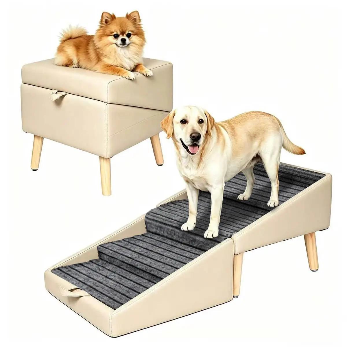 Dog Ramp for Couch Sofa and Low Bed, 13.5"H 2-in-1 Foldable Split Ottoman & Steps, Non-Slip Wooden Pet Stairs for Small Senior Injured Dogs & Cats Beige