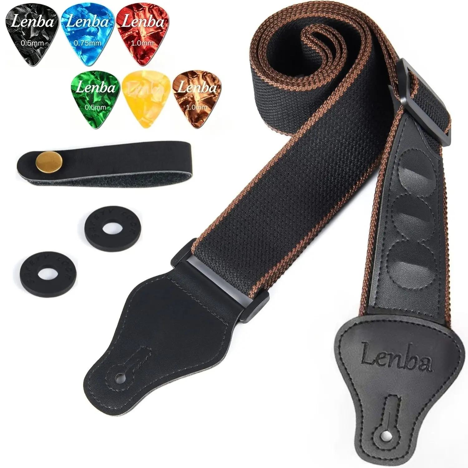 Adjustable Soft Guitar Strap Set Accessory with 3 Pick Holders, Includes Guitar Headstock Strap Adapter, 1 Pair Strap Locks & 6 Guitar Picks for Acoustic & Electric Guitars