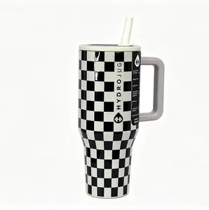 HydroJug 40oz Classic Black & White Checkerboard Print Stainless Steel Insulated Straw Cup, BPA-Free, Ergonomic Handle Design, Cup Holder Friendly, Portable Water Bottle for Sports, Home & Outdoor Use Plaid