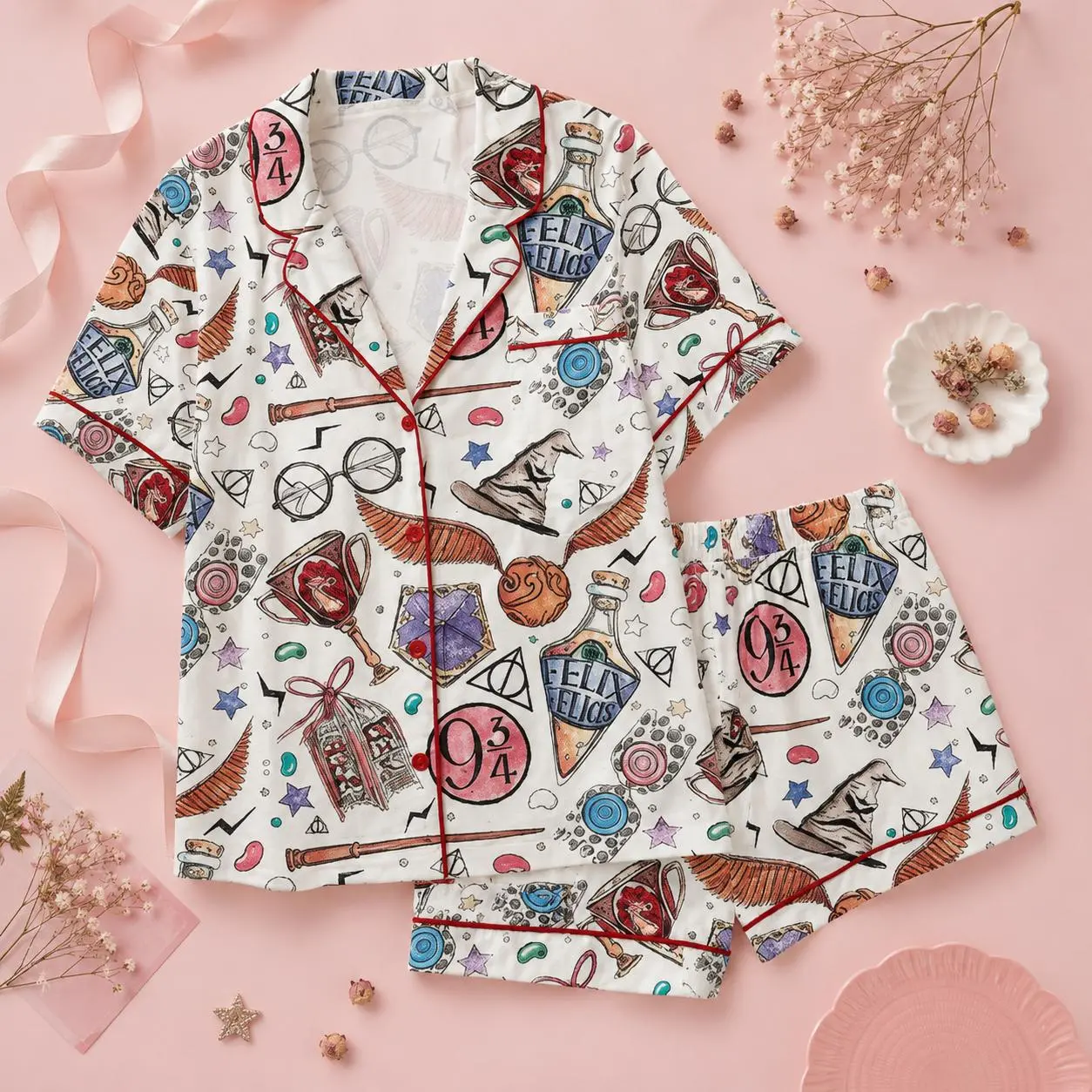 Women’s Wizard School Satin Pajama Set, Magic Academy Short Sleeve Button Down Sleepwear, Soft 2 Piece Pajama Shorts Lounge Set