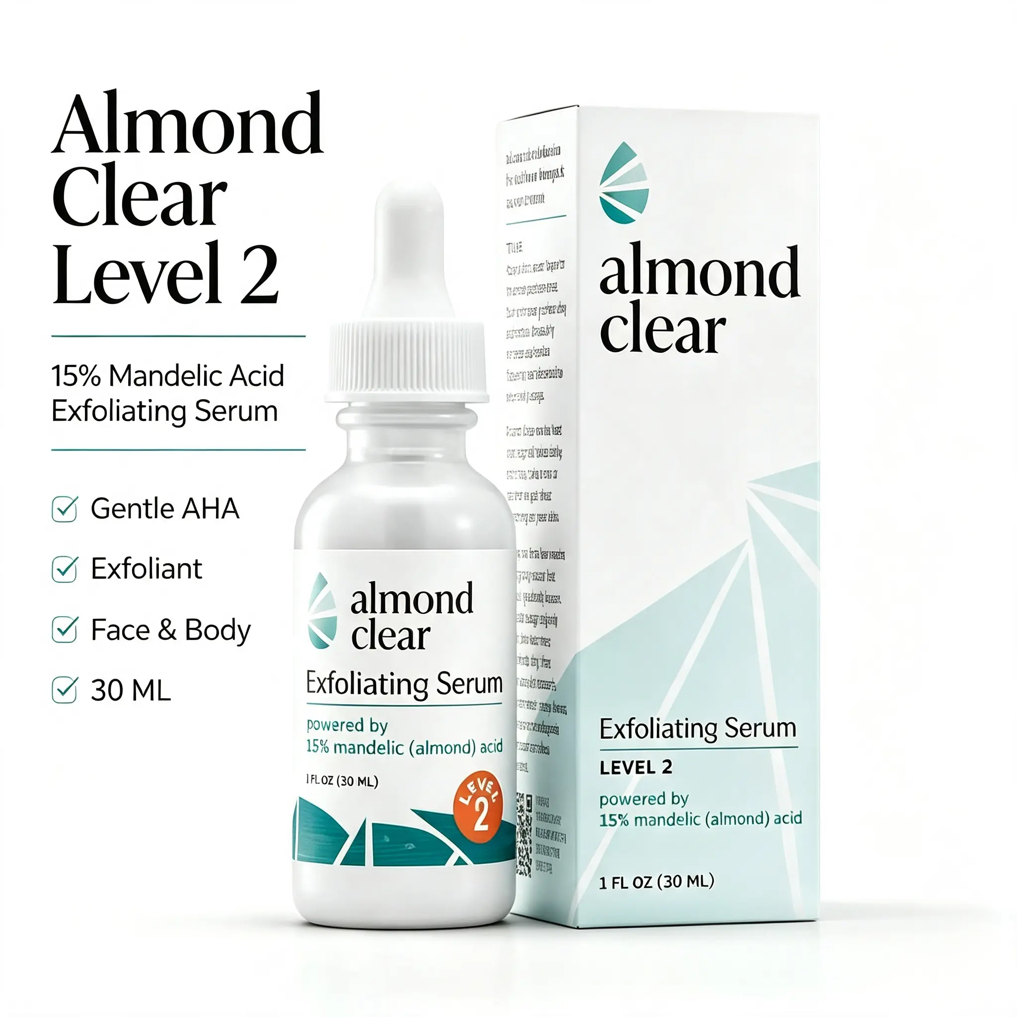 Level 2 15% Mandelic Acid Serum Almond Clear, Full Body Exfoliating Treatment Clear Back Butt Acne, Fungal Folliculitis & Body Dark Spots, Mild Exfoliator for Sensitive Skin