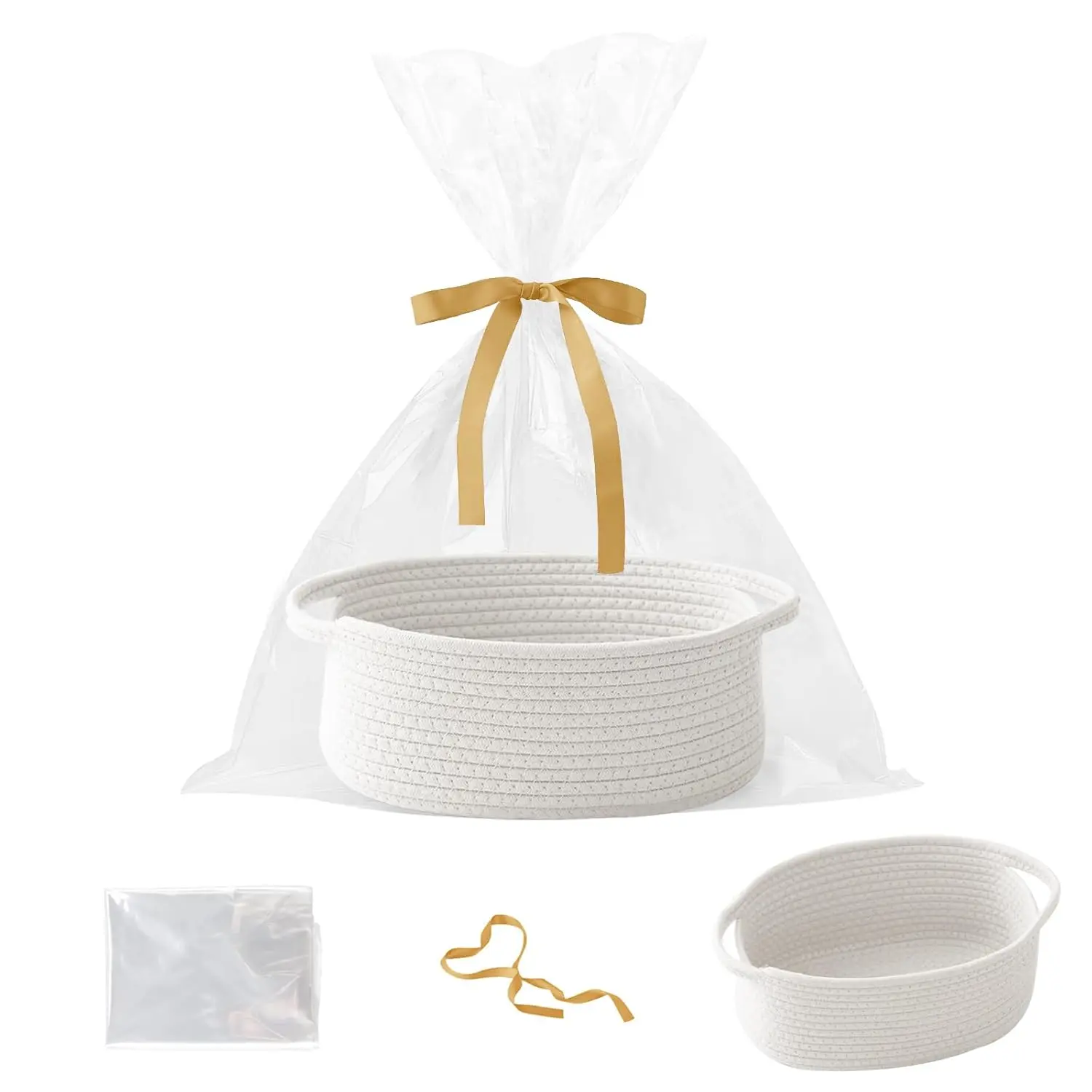 Halloween Fall Gift White Woven Rope Basket, Baby Gift Basket with Bag & Ribbon, Cotton Rope Storage Basket with Handles, 12x8x5 Inch, Baby Shower, Birthday & Nursery Decor