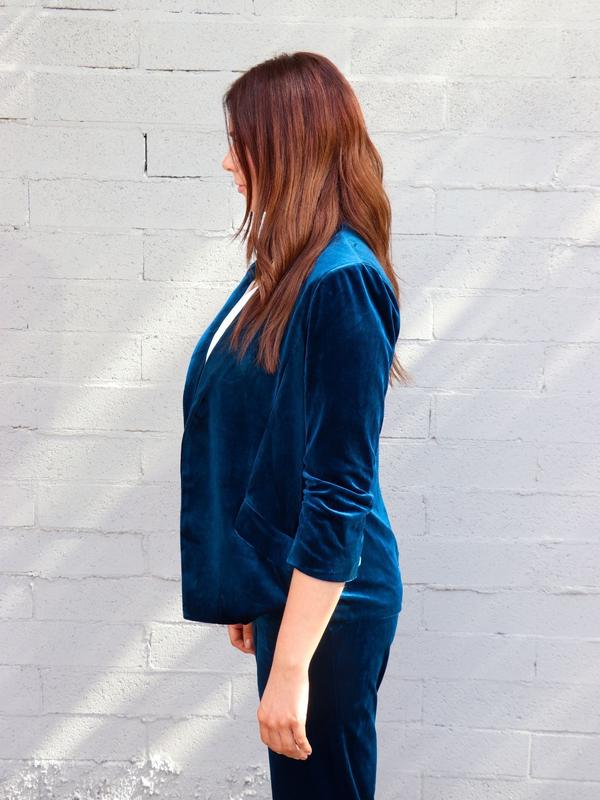Velvet Blazer with Ruched Sleeves in Teal Color - Detailed Product Description Provided