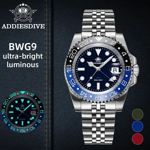 ADDIESDIVE Men's Classic 40mm Stainless Steel Analog Quartz Watch - Dual-Time Face, Luminous Dial, Swiss Movement, 200m Waterproof, 120-Click Unidirectional Rotation, Blue & Red Aluminum Bezel, Casual Business Wristwatch, Unique Gifts for Men