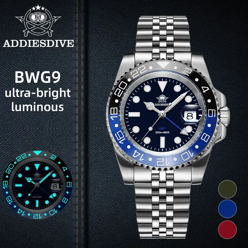 ADDIESDIVE Men's Classic 40mm Stainless Steel Analog Quartz Watch - Dual-Time Face, Luminous Dial, Swiss Movement, 200m Waterproof, 120-Click Unidirectional Rotation, Blue & Red Aluminum Bezel, Casual Business Wristwatch, Unique Gifts for Men