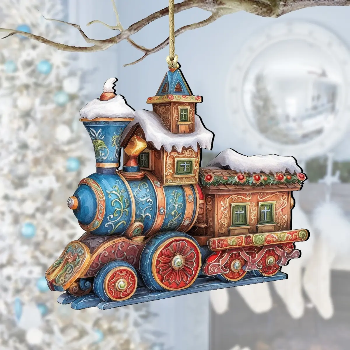 Designocracy 8100198-1 Handmade Classic Wooden Rectangle Christmas Train Ornaments, 5 X 5.5 X 0.25 In., 0.7 lbs Miniature Holiday Decor, Festive Home Supply for Families with Gift Bag