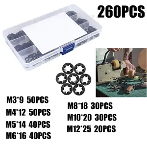 260pcs M3-M12 Internal Tooth Star Lock Washer Set, Push-In Lock Washers, Quick Snap Fastener Kit, Carbon Steel Oxide Bearing Clip Rings