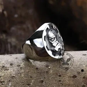 GTHIC Stainless Steel Gear Helmet Skull Ring For Man Punk Jewelry For Rapper Biker Rider Gift