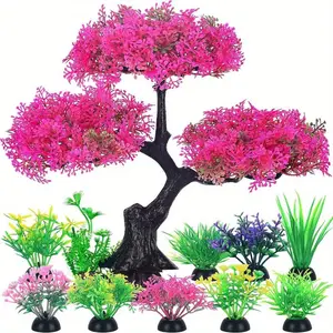10pcs/set Colorful Artificial Cherry Blossom Tree, Lifelike Undersea Plant with Flowers, Vibrant Aquarium Decor for Fish Tanks