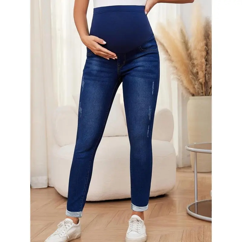 Comfy & Stretchy Maternity Skinny Jeans - Mid-Elastic Waist, Soft Denim with Stretch, Elegant Casual Style for Pregnant Women, All-Season Wear, Dark Blue with White Stitching, High-Waisted Design, Maternity Clothes