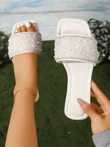 Women's Flat Sandals with Rhinestone Design, Comfortable Slip-On Open Toe Slides for Daily Wear & Special Occasions, Stylish Footwear for Women