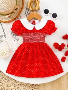 Polka Dot Baby Girl Dress, Sweet Vintage Style, Peter Pan Collar, Bubble Sleeves, Waist Cinching, Perfect for Parties and Home Gatherings, Polkadot Dress