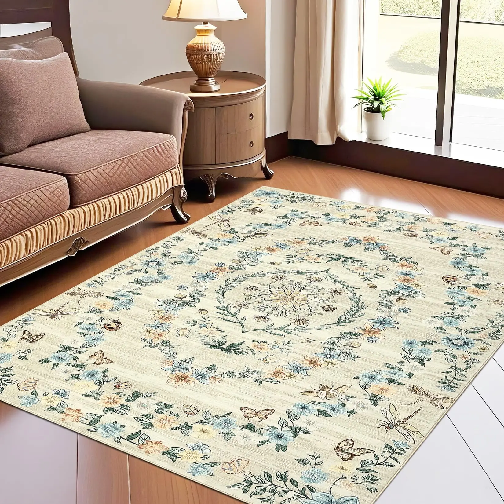 GARVEE Modern Flower Print 10x13 Large Area Rug - Washable, Stain Resistant, Non-Slip Backing, Non-Shedding Floor Cover for Living Room, Nursery, Apartment - Beige