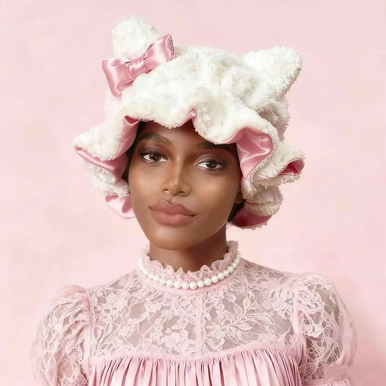White Plush Teddy Hair Hat for Women and Girls, Adjustable Double-Layered Design with Hot Pink Satin Lining for Daily Anti-Frizz Control, Bonnet Hat, Curly Hair Care, Female, Adults