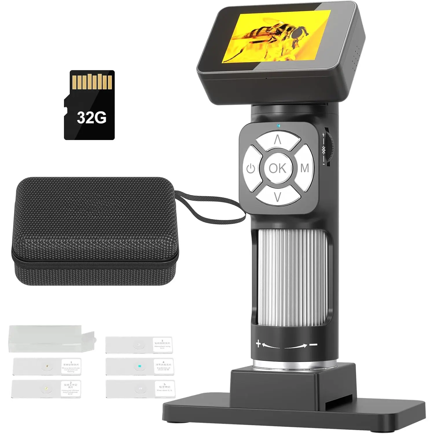 JL112 Handheld Microscope for  Adults, Portable Pocket Microscope with 2" LCD Screen, 1080P USB Microscope Camera with 8 LED Lights, Compatible with Windows, Microscope Slide Kit, 32GB
