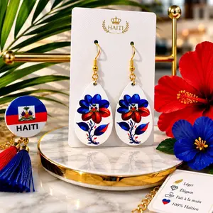 Women's Haiti Country Flag Teardrop Dangle Earrings - Lightweight Leather Chic Style Female Earrings for Women, Patriotic Jewelry Gifts (4.5 Stars)