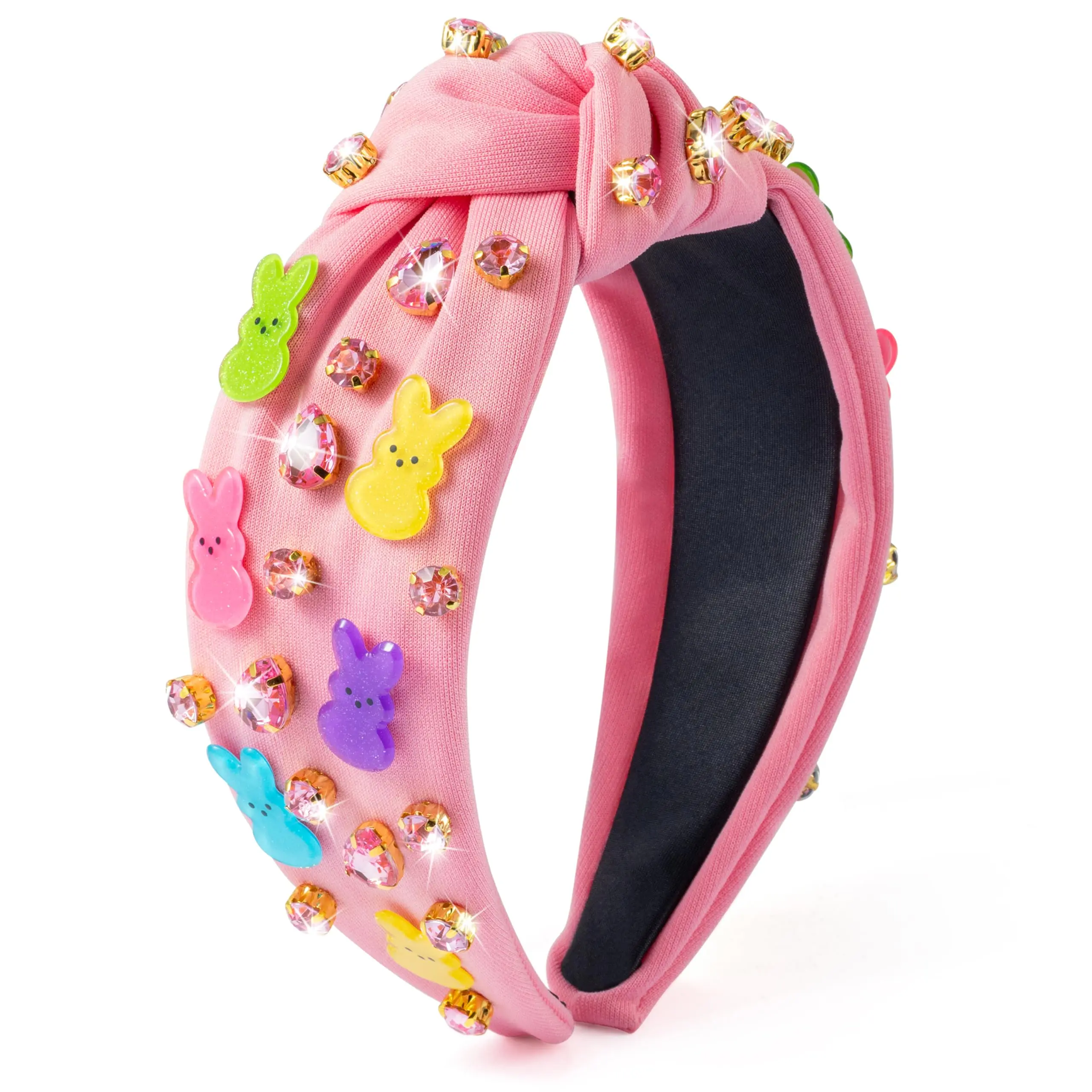 Pink Easter Bunny Rhinestone Crystal Knotted Fashion Headband with Bunny Bow, Colorful Charm, D-Embellished, Diamond-Look Design, Bunny Bow Headbands, Colorful Charm Headbands