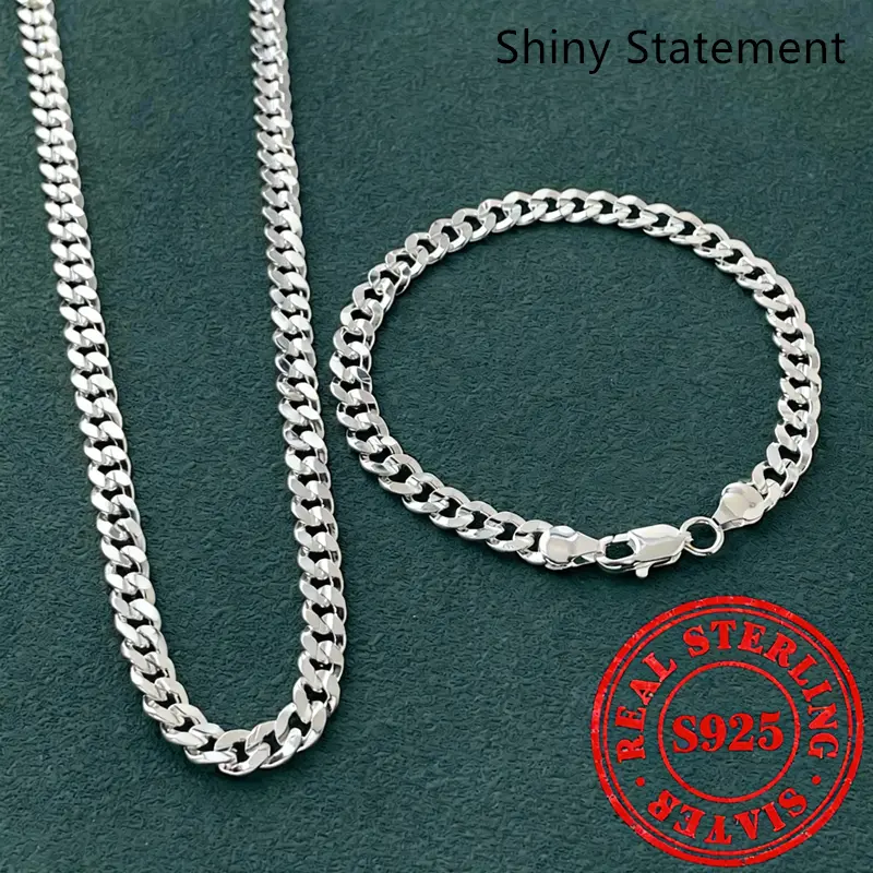 925 sterling silver Plated Cuban Necklace Bracelet Set  Cuban Link Figaro Chain Necklace 7MM Side Concave Women's Fashion Simple Birthday Party Valentine‘s GiftMinimalism, men's accessories