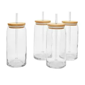 Briar Can Glass Drinkware Set of 4 - 20 oz Clear Glasses with Bamboo Lids & Reusable Plastic Straws for Cold Beverages Modern Style Tableware