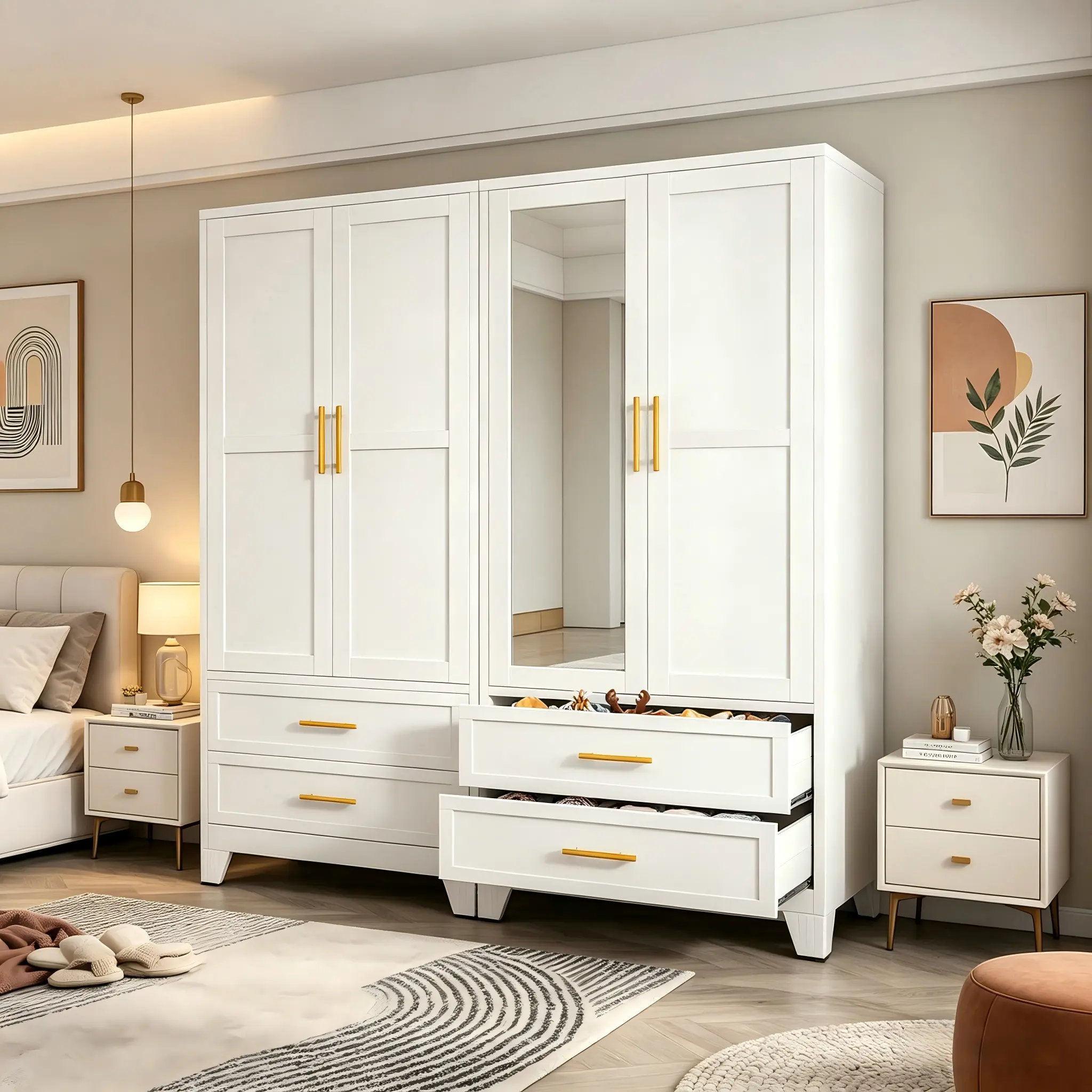 71" Tall Metal Armoire Wardrobe Closet with Mirror, 2 Drawers, Adjustable Shelves & Hanging Rod, Steel Clothes Storage Cabinet for Bedroom