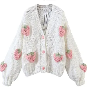 Teen Girls Sweet Strawberry Embroidery Button Y2k Aesthetic Cardigan Sweater