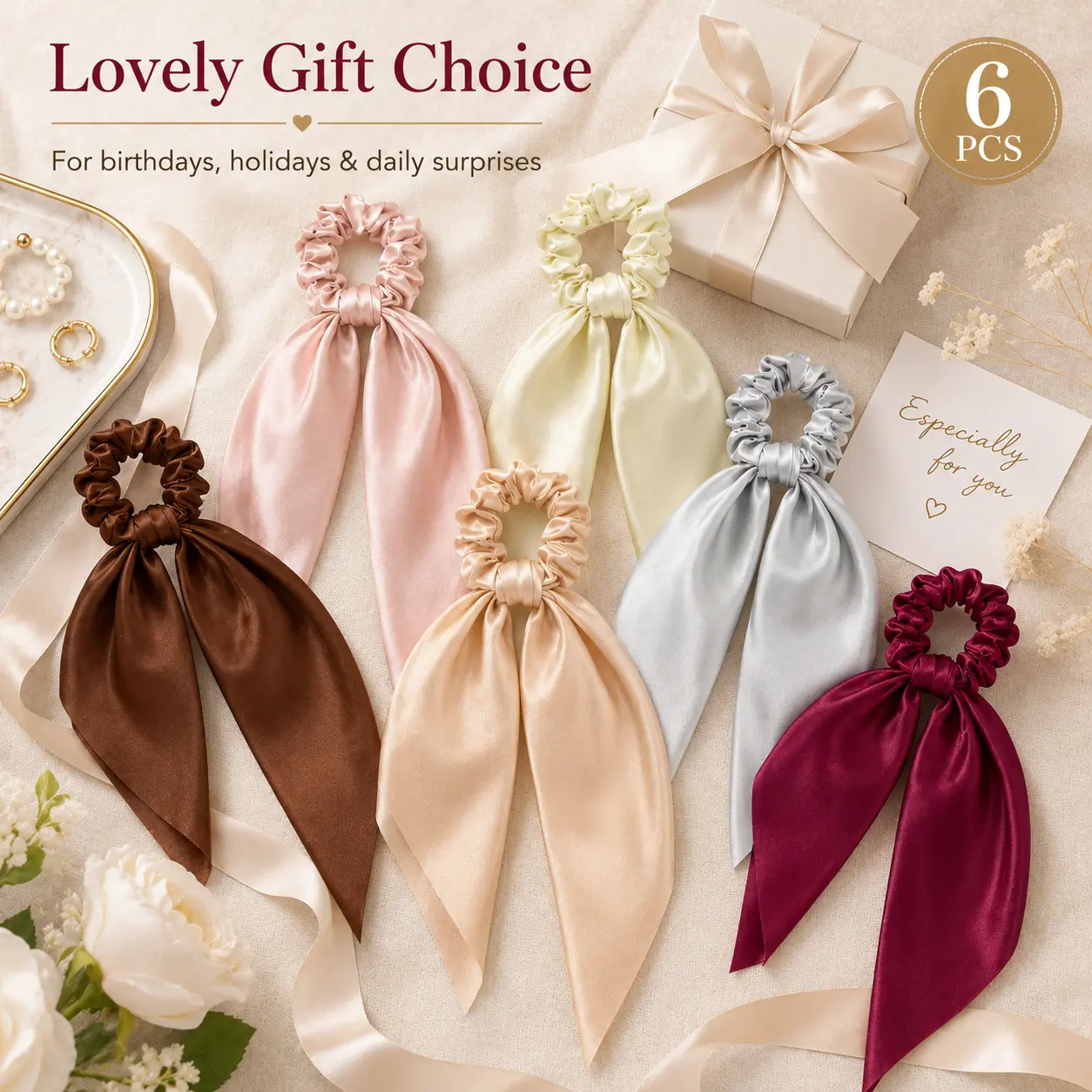 6 Pack Satin Bow Scrunchies for Women and Girls, Soft Elastic Hair Ties with Long Ribbon Tails, Elegant Ponytail Hair Accessories for Daily Wear, Parties and Gifts