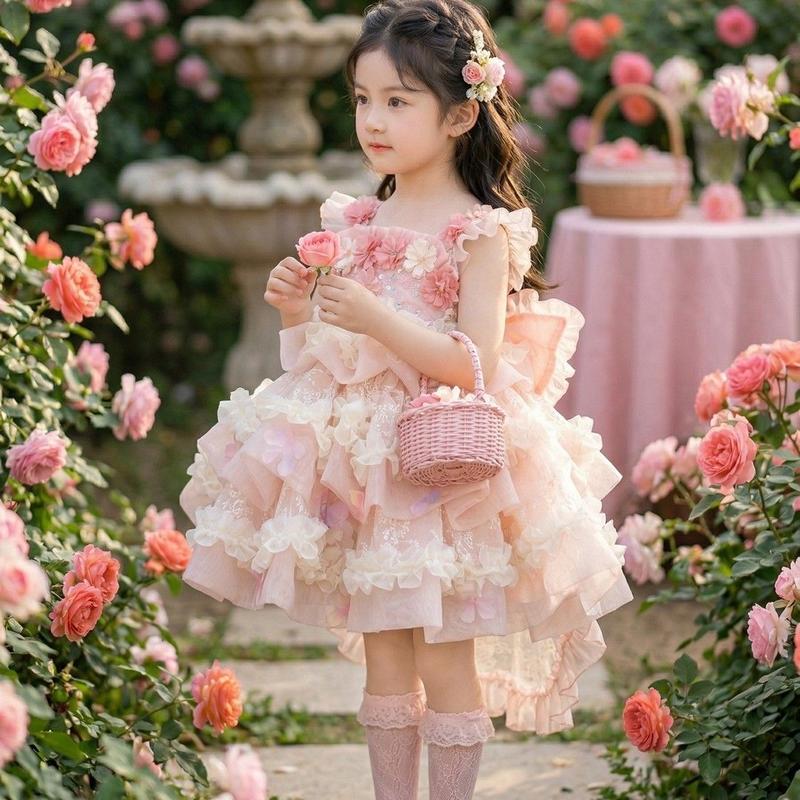 Girls’ Pink Tutu Dress - Spaghetti Straps, 3D Flower Detail, Soft Tulle Volume, Loose A-Line Flow, Puff Cake Skirt, Optional Train, Photoready 3D Mesh, Contrast Lace, Casual, for Birthday Parties Flower Girl Wear