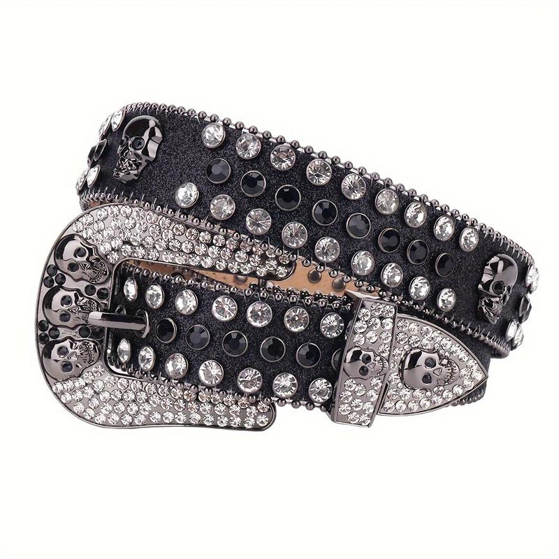 （All handmade）Men's Multicolor Skull Buckle Leather Belt Y2K Gothic Skull Belt for Men & Women | 2025 Edgy Rhinestone & Rivet Designer Belt - Wide Waist Strap for Autumn Parties, Halloween Costumes and Daily Streetwear