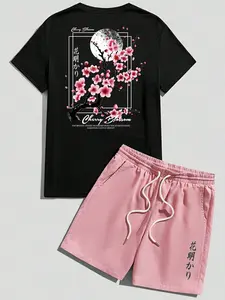 Japanese Ukiyo-E Cherry Blossom Floral Print Fitted T-Shirt & Shorts Set, Casual Fashion, Top, Bottoms, Streetwear, Summer Wear