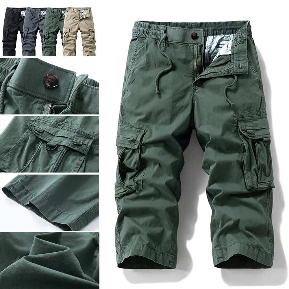 100% Cotton Multi-Pocket Tactical Cargo Pants, 3D Flip Cargo Pockets, Velcro Fastening, Everyday Functional Knee-Length Pants