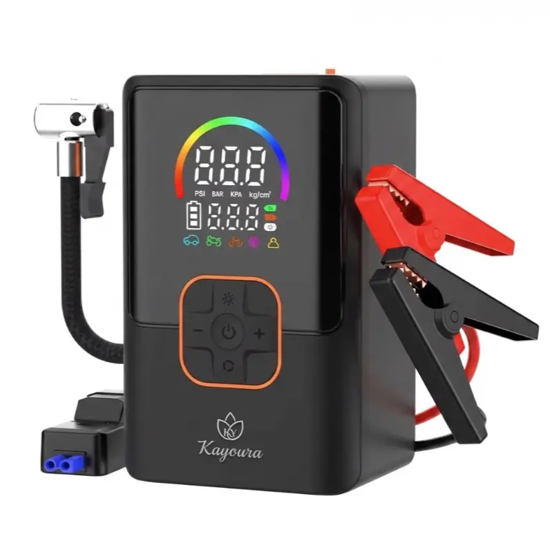 Kayoura 10000mAh Smart Jump Starter and Tire Inflator - New 22MM Cordless 150psi Portable Car Jumper, Heavy Duty ABS Emergency Power Bank for Gasoline and Diesel Engines portable air compressor pump battery pack booster cables vehicle rescue tool multipur