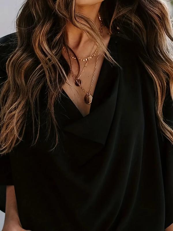 MINHKHUE Women's Casual Loose Fit Black Blouse Top - Short Sleeve Draped V Neck Summer Shirt, Elegant Chic Solid Color Tunic for Work, Daily, Party, Streetwear, Stylish Trendy Outfit with Jeans or Skirts