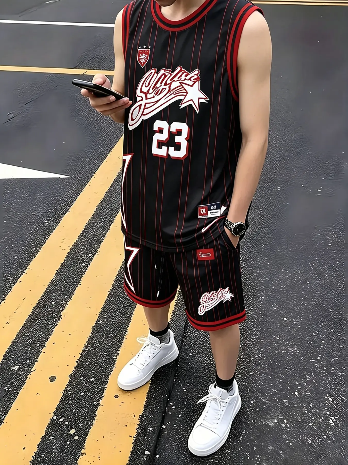 American retro basketball jersey set, Star jerseys, Breathable workout tops, red and white stripes, number 23 print, sleeveless design keeps cool and breathable, suitable for basketball and going out, street sports style