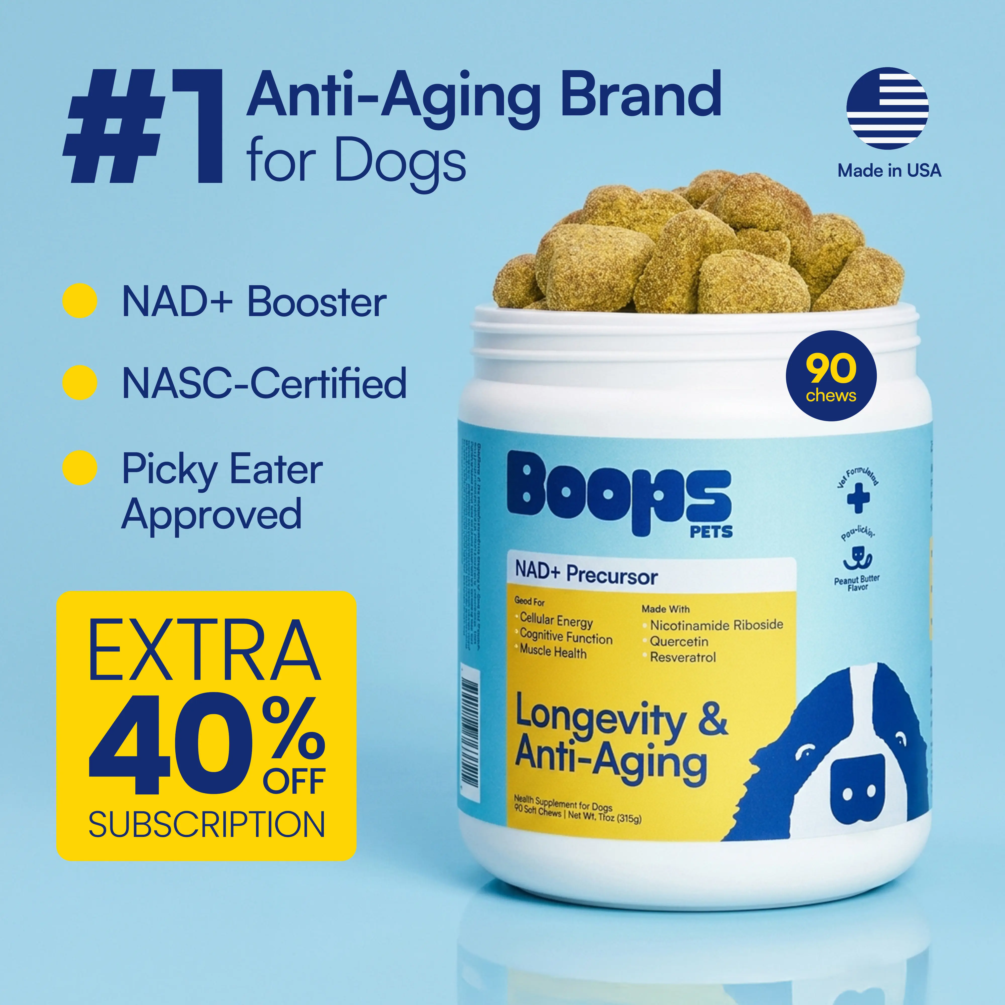 Boops Pets Longevity & Anti-Aging NAD+ Booster Soft Chews - 90 soft chews - Nicotinamide Riboside, Quercetin, Resveratrol - Made in the USA with Real Pasture-Raised Chicken and Real Wholefood Ingredients