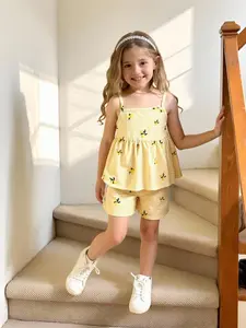 Girls' Fashion Casual Streetwear Comfortable Summer Fresh Lemon Plaid Tank Short Pants Set, Stylish Kids Clothing