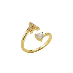 Soocosisx 18K Gold Zircon Heart 26 Initials Ring, DDJZ0014 Adjustable Open Ring Jewelry