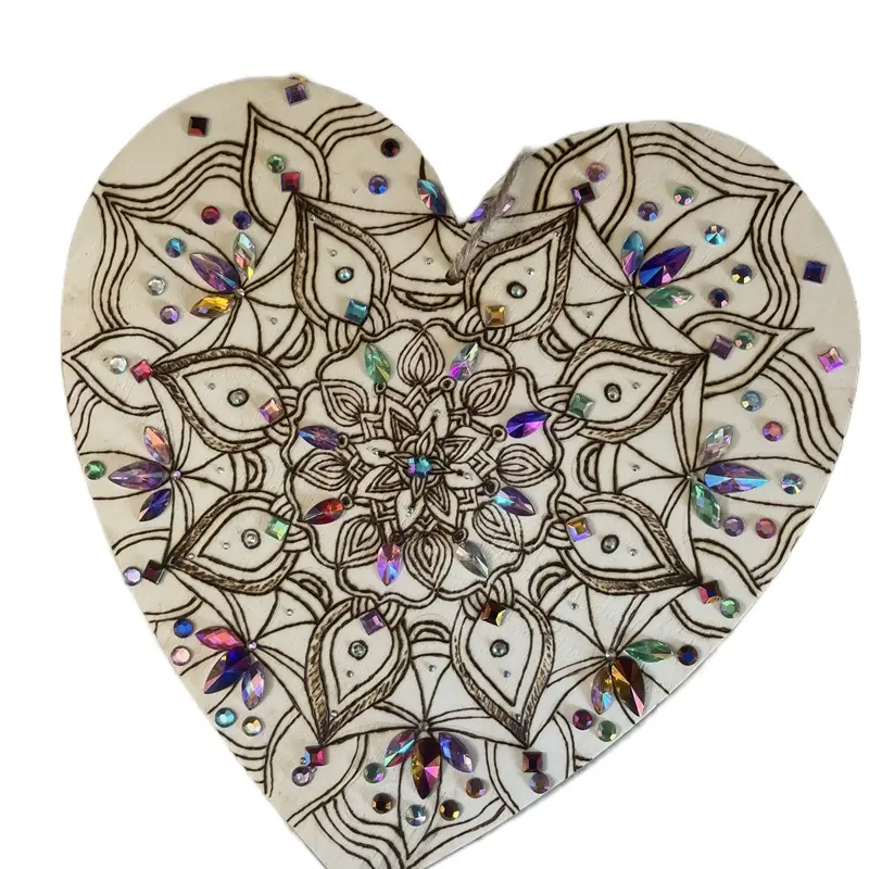 Glittergurlwoodburns "Crystalized Heart" Handmade Woodburned Mandala Hanging Piece with Iridescent Gems & Sacred Space Decor