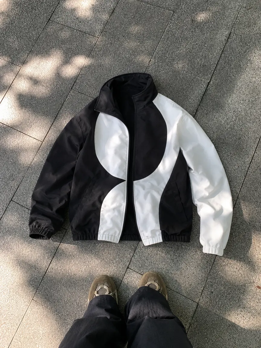 Veiskorsr Men's Stand Collar Long Sleeve Coat, Black-White Geometric Color-Block Menswear Top, American-Style Curved Paneling Loose Casual Athletic Windbreaker Jackets, Coats